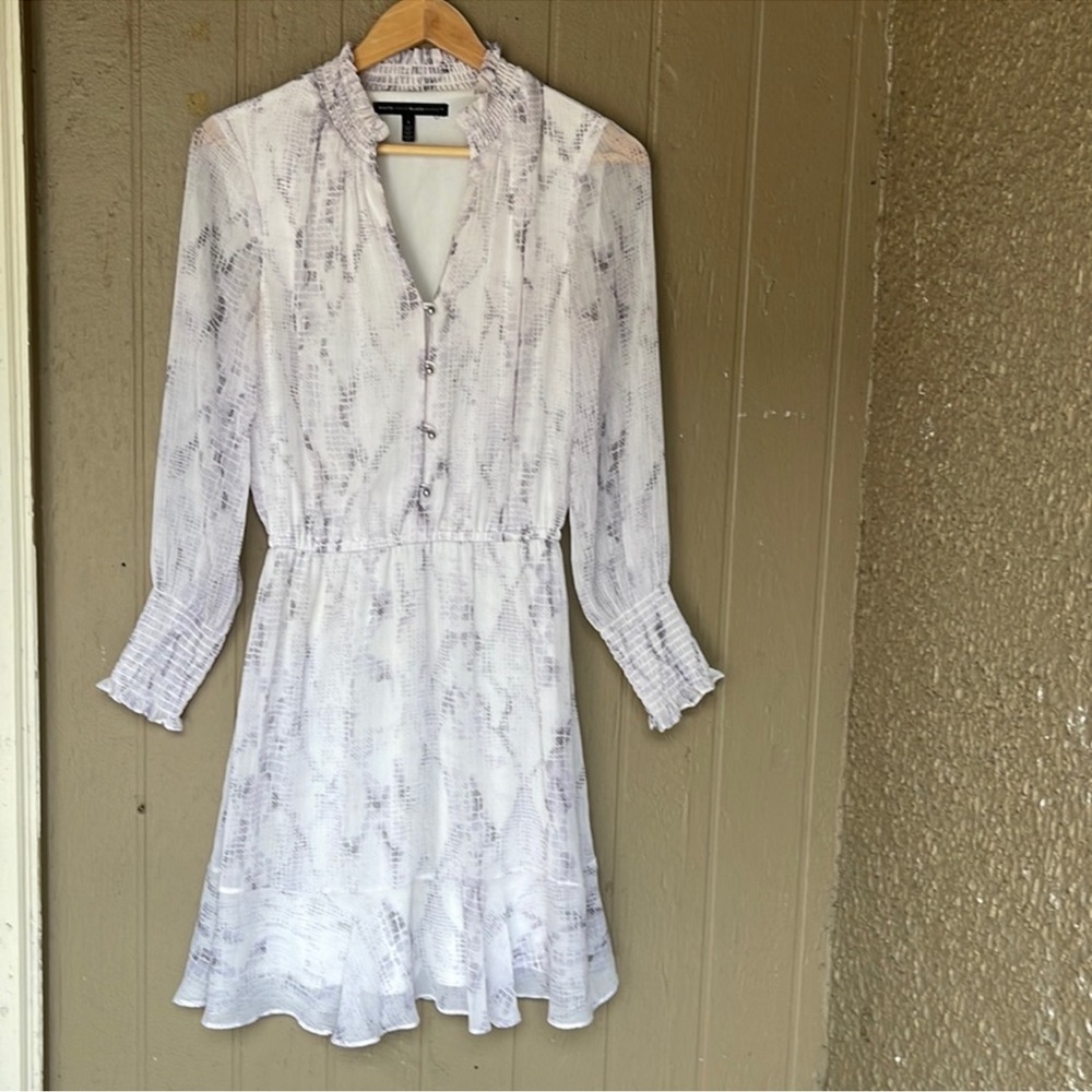 White House Black Market White and Light Gray Patterned Long-Sleeve Dress